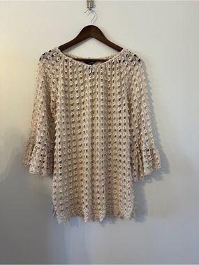 Ali Miles Crochet Style Bell Sleeve Boho Beige Blouse Size Medium
